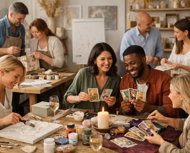 grupo en teambuilding creativo en Madrid creando arte en taller con vino