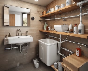 Modern rustic bathroom featuring exposed plumbing, wooden shelves, a white pedestal sink, and tan wall tiles.