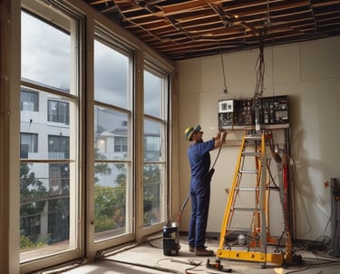 An electrician in blue overalls repairs wiring in a commercial building during a renovation project.