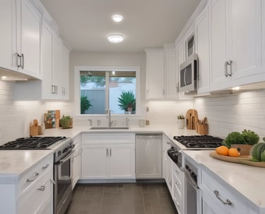 Modern white galley kitchen with quartz countertops, subway tile backsplash, and stainless steel appliances.