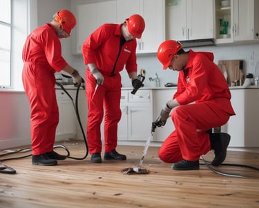 Professionals in red overalls and hard hats treat a kitchen floor from water damage.
