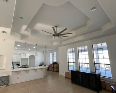 Spacious open concept living room with ornate tray ceiling, modern ceiling fan, and large windows.