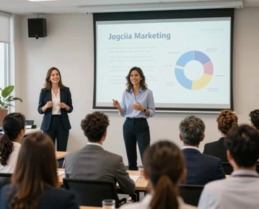 Professional female speaker giving a business presentation to a corporate audience in a modern seminar room.