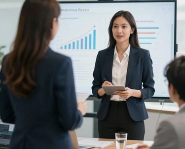 Asian female professional giving a business presentation with data charts on a screen in a meeting room.