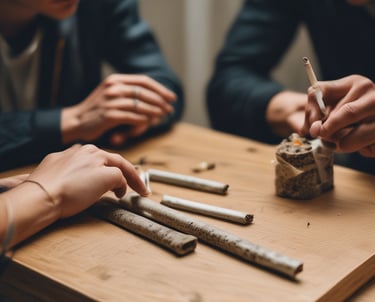 Assortment of smoking tools and parafernalia laid out on a rustic table.