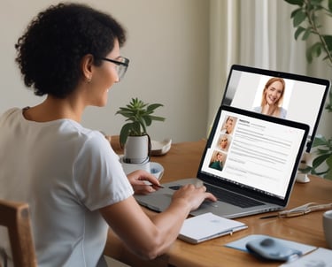 A warm, inviting virtual session with a woman smiling and taking notes during a health coaching call.