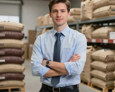 A professional portrait of a logistics manager in a clean, modern coffee storage facility. The atmosphere is professional and organized, with bags of coffee stacked neatly. Colors include natural jute and dark browns (#2A1A10).
