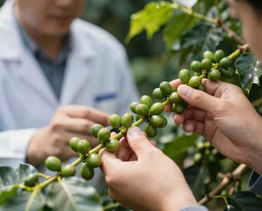 A technical professional in a field examining a coffee branch with green berries. The focus is on the precision and health of the plant. Sunlight highlights the vibrant greens and the professional process.