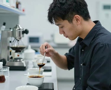 A professional coffee taster (cupping) in a clean, modern lab setting. The person is focused on the sensory analysis. Stainless steel equipment and porcelain cups create a professional and scientific atmosphere.