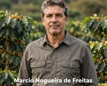 A sophisticated portrait of Marcio Nogueira de Freitas standing in front of his coffee farm. He looks confident and experienced, wearing professional field attire. The background is a soft blur of coffee plants. Warm, trustworthy lighting.