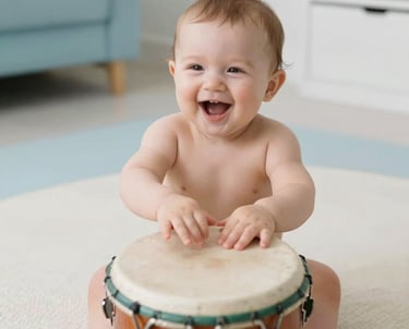 An overhead shot of a baby in a bright North American home setting, laughing while tapping on a colorful wooden drum. The surroundings are clean, modern, and decorated in soft sky blue and white.