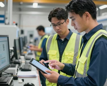 A close-up of a tech project manager reviewing assembly line data on a tablet, with factory machinery in the background.