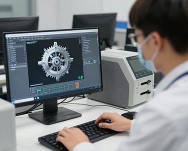Engineer using mechanical DFM diagnostic software on a computer for factory manufacturing quotes.