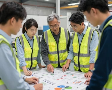 A team collaborating over a factory floor plan with charts showing cost reduction.