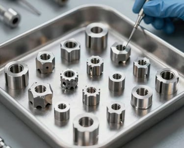 Precision metal parts in a tray for mechanical DFM service and custom tonie tooling optimization.