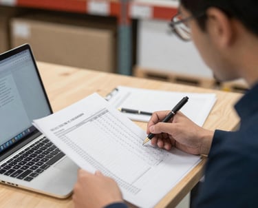 A professional reviewing detailed cost sheets and discussing with a supplier over a laptop.