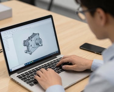Engineer using a laptop for mechanical DFM diagnostic software to analyze a 3D CAD model.