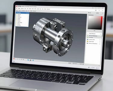 A laptop screen displaying a mechanical DFM diagnostic software with a 3D CAD model of an industrial metal part.