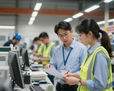 A bilingual project manager reviewing production plans with factory workers on a busy assembly line.