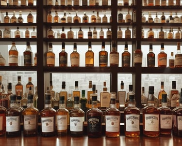 Collection of international whisky bottles lined up on a polished glass display.