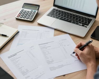 A frustrated tradesman looking at a pile of unpaid invoices on his desk.