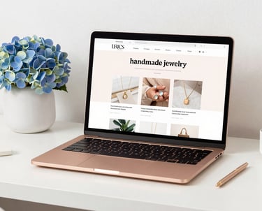 A colorful workspace with sketches and a laptop showing a vibrant website design.