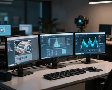 Cinematic shot of a studio at night, with only the glow from multiple monitors illuminating the desk. Sleek, professional, and high-tech.