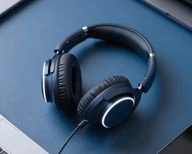 Clean, high-angle product shot of a high-end headphone resting on a slate blue desk in a modern studio. Cinematic lighting with cool white accents.