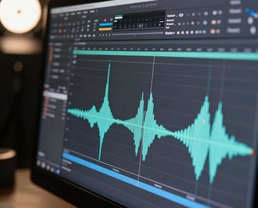 Close-up of a high-resolution waveform editor on a screen, with precise edit points visible. Professional North American studio lighting.
