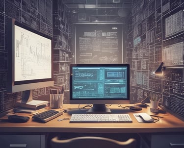 Developer coding a mobile app on a dual-monitor setup in a modern office.