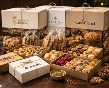 Gourmet Italian pastry gift boxes filled with assorted cookies, panettone, and traditional confectionery.