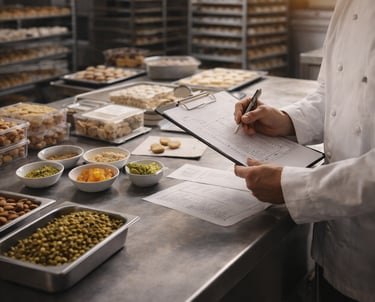 A pastry chef in a commercial kitchen checking inventory of nuts and dried fruit on a clipboard.