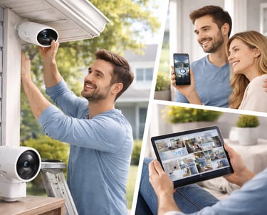 Couple installing outdoor security cameras and viewing live footage on a smartphone and tablet at home.