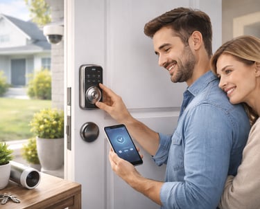 Couple entering their home using a smart lock on the front door