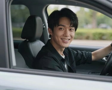 A friendly instructor guiding a new driver through city traffic with clear road signs visible.