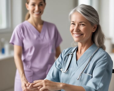 A compassionate nurse checking a patient’s vitals in a bright hospital room.