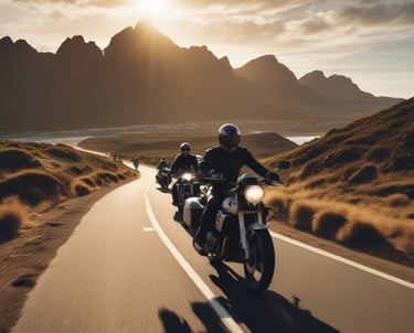 A group of riders in black and gold gear coordinating a scenic route along the Overberg coastline.