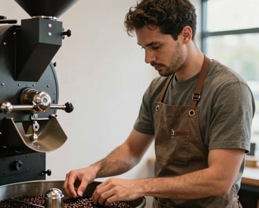 A North American man in a stylish muted brown apron examining coffee beans at a roasting station. The lighting is natural and clear, emphasizing a modern and professional coffee production environment.