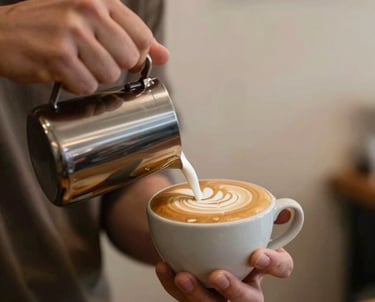 Action shot of a talented barista's hands pouring steamed milk into a ceramic cup to create elegant heart-shaped latte art, set against a background of muted brown and light beige cafe textures.