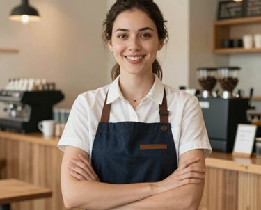 Portrait of a friendly North American female cafe manager standing confidently in a modern coffee shop with warm wood textures and cream colored walls, reflecting a welcoming and professional atmosphere.