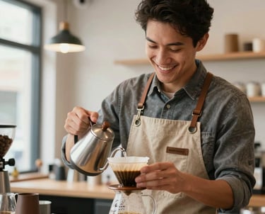Portrait of a smiling professional barista in a North American cafe, wearing a clean canvas apron over a stylish shirt, preparing a pour-over coffee with focused precision in a bright, modern setting.