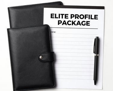 A sleek glassmorphism style card with dark mode and gold accents representing the Elite Profile package.