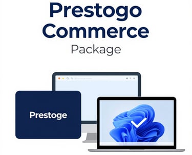 A glowing framed pricing card in dark mode highlighting the Prestige Commerce package.