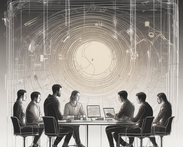 A sleek black and gold futuristic workspace with minimalist design and glowing digital interfaces.