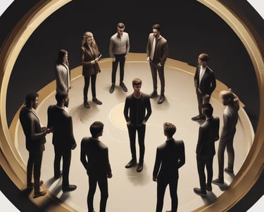 A diverse group of young people collaborating in a modern, spacious room with black, white, and gold accents.