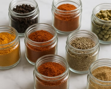 An aesthetic, commercial photograph of various South Asian spices in small glass jars on a white marble surface, demonstrating clean and modern packaging standards for global trade.