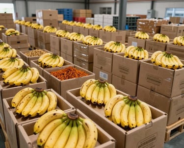 A well-lit, modern warehouse facility in South Asia showing carefully packaged boxes of fresh bananas and spices ready for international export, highlighting professional logistics.