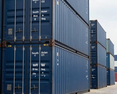 A sharp, clear photograph of a line of navy blue shipping containers stacked at a maritime terminal, representing the logistical strength and global export capabilities of a South Asian enterprise.