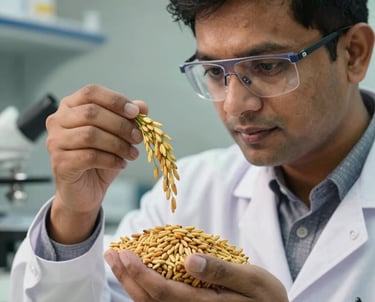 A professional close-up photograph of a scientist in a clean South Asian laboratory environment inspecting the quality and purity of golden rice grains, symbolizing food safety and FSSAI standards.