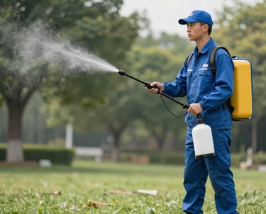 Professional pest control team wearing protective gear inspecting a modern office environment.